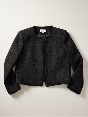 Calvin Klein Black Metallic Bouclé Jacket w/Frayed Hem & Pockets – Size 12